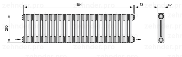 Схема (чертеж) Радиатор Zehnder Charleston 2026/24 №2670 Белый глянцевый RAL 9016
